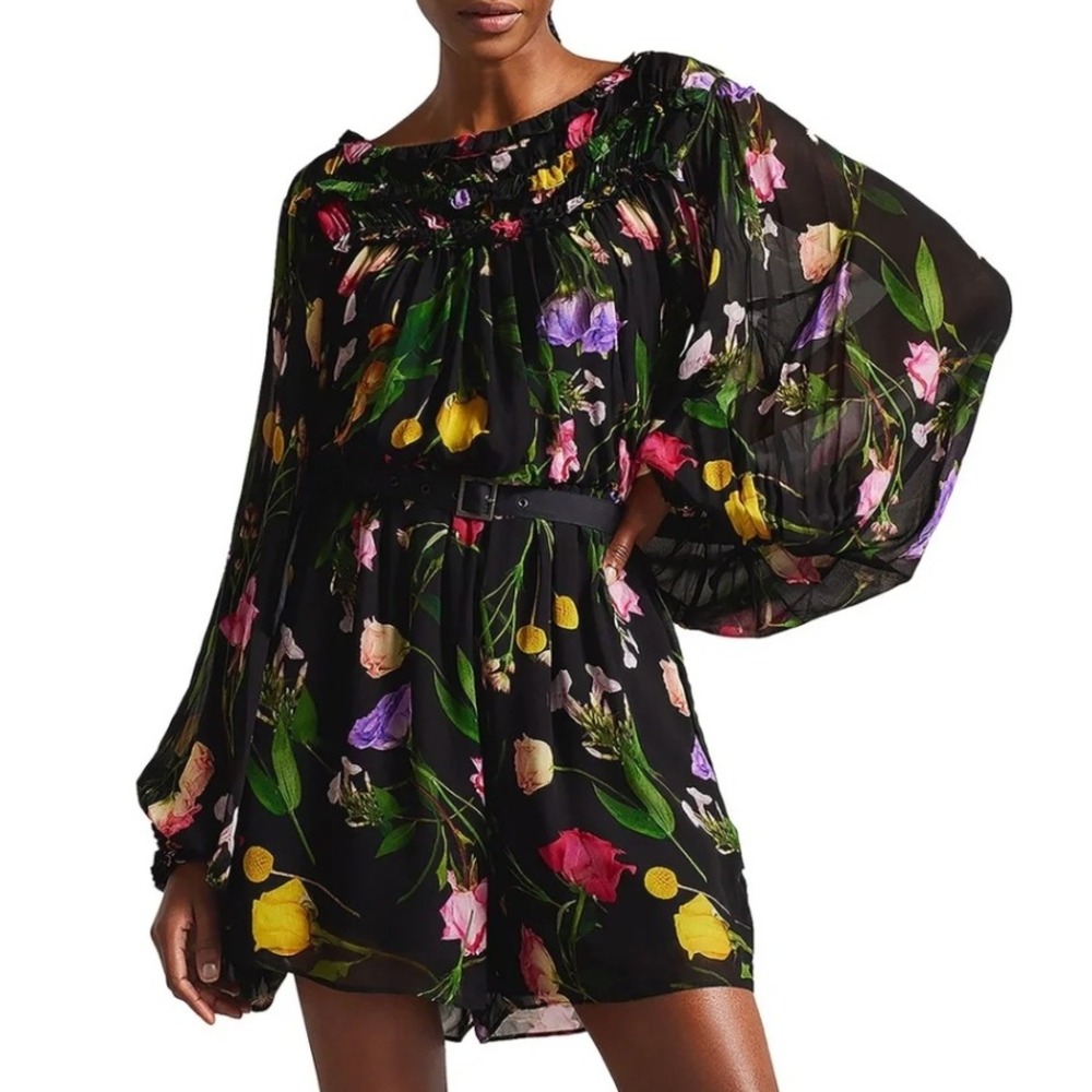 Ted Baker Brookii Floral Ruffle Neck Blouson Sleeve Romper in Black sz 0 (US 4)